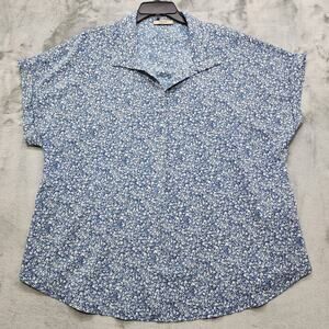Timeson Top Womens XXL Blue Floral Lightweight Short Cuffed Sleeves Collared‎